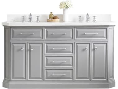Water Creation Palace Double Sink Carrara Quartz Countertop Bath Vanity in Cashmere Grey with Chrome Hardware and Waterfall Faucets WTCPA60QZ01CG000FX1301