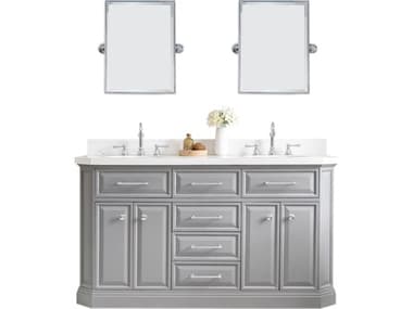 Water Creation Palace Double Sink Carrara Quartz Countertop Bath Vanity in Cashmere Grey with Chrome Hardware, Hook Faucets and Rectangular Pivot Mirrors WTCPA60QZ01CGE18TL1201