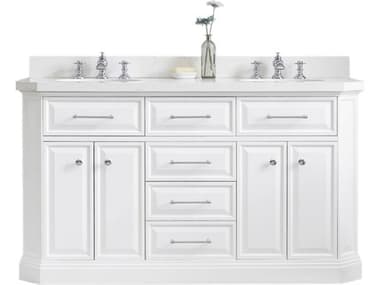 Water Creation Palace Double Sink Carrara Quartz Countertop Bath Vanity in Pure White with Chrome Hardware and Waterfall Faucets WTCPA60QZ01PW000FX1301