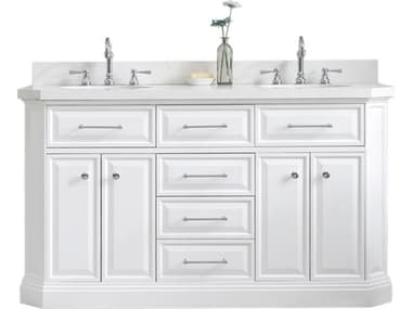 Water Creation Palace Double Sink Carrara Quartz Countertop Bath Vanity in Pure White with Chrome Hardware and Hook Faucets WTCPA60QZ01PW000TL1201