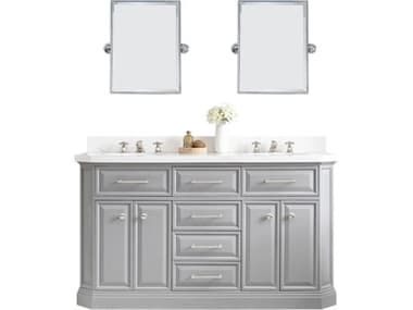 Water Creation Palace Double Sink Carrara Quartz Countertop Bath Vanity in Cashmere Grey with Polished Nickel (PVD) Hardware, Classic Faucets and Rectangular Pivot Mirrors WTCPA60QZ05CGE18BX0905