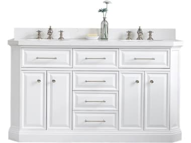 Water Creation Palace Double Sink Carrara Quartz Countertop Bath Vanity in Pure White with Polished Nickel (PVD) Hardware and Waterfall Faucet WTCPA60QZ05PW000FX1305