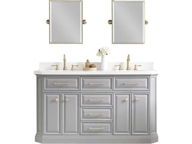 Water Creation Palace Double Sink Carrara Quartz Countertop Bath Vanity in Cashmere Grey with Satin Gold Hardware and Rectangular Pivot Mirrors WTCPA60QZ06CGE18000000