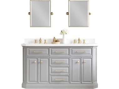 Water Creation Palace Double Sink Carrara Quartz Countertop Bath Vanity in Cashmere Grey with Satin Gold Hardware, Waterfall Faucets and Rectangular Pivot Mirrors WTCPA60QZ06CGE18FX1306