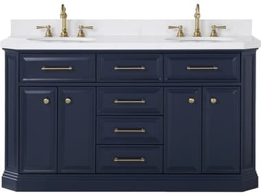 Water Creation Palace Double Sink Carrara Quartz Countertop Bath Vanity in Monarch Blue with Satin Gold Hardware and Hook Faucets WTCPA60QZ06MB000TL1206