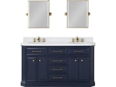 Water Creation Palace Double Sink Carrara Quartz Countertop Bath Vanity in Monarch Blue with Satin Gold Hardware, Waterfall Faucets and Rectangular Pivot Mirrors WTCPA60QZ06MBE18FX1306