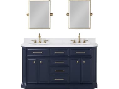 Water Creation Palace Double Sink Carrara Quartz Countertop Bath Vanity in Monarch Blue with Satin Gold Hardware, Hook Faucets and Rectangular Pivot Mirrors WTCPA60QZ06MBE18TL1206