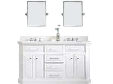 Water Creation Palace Double Sink Carrara Quartz Countertop Bath Vanity in Pure White with Satin Gold Hardware, Waterfall Faucets and Rectangular Pivot Mirrors WTCPA60QZ06PWE18FX1306