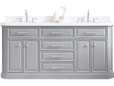 Water Creation Palace VaDouble Sink Carrara Quartz Countertop Bath Vanity in Cashmere Grey with Chrome Hardware and Hook Faucetsnity WTCPA72QZ01CG000TL1201