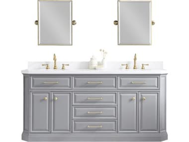 Water Creation Palace Double Sink Carrara Quartz Countertop Bath Vanity in Cashmere Grey with Satin Gold Hardware and Rectangular Pivot Mirrors WTCPA72QZ06CGE18000000