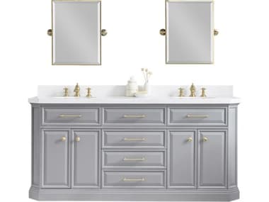 Water Creation Palace Double Sink Carrara Quartz Countertop Bath Vanity in Cashmere Grey with Satin Gold Hardware, Waterfall Faucets and Rectangular Pivot Mirrors WTCPA72QZ06CGE18FX1306
