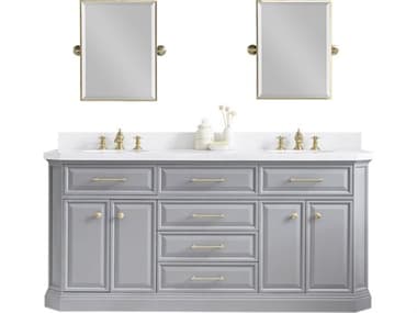 Water Creation Palace Double Sink Carrara Quartz Countertop Bath Vanity in Cashmere Grey with Satin Gold Hardware, Hook Faucets and Rectangular Pivot Mirrors WTCPA72QZ06CGE18TL1206