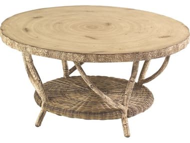 Woodard Whitecraft River Run Wicker Antique Palm 36'' Round Faux Birch Top Coffee Table WTS545211