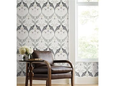 York Wallcoverings Ronald Redding Arts and Crafts Charcoal Metallic Pine Cone Ribbon Wallpaper YWAC9174