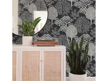 York Wallcoverings Black & White Resource Library Black Metallic Kimono Trees Wallpaper YWBW3852