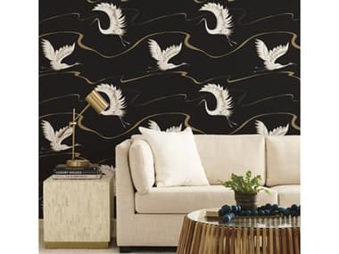 York Wallcoverings Black & White Resource Library Black Gold Soaring Cranes Wallpaper YWBW3871