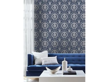 York Wallcoverings Damask Resource Library Navy Silver Imperial Damask Wallpaper YWDM4901