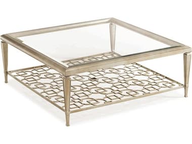 Caracole Classic Taupe Silver Leaf 50" Square Glass Coffee Table with Fretwork Shelf CACCONCOCTAB024