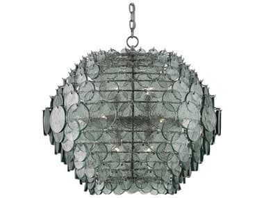 Currey & Company Braithwell 29" 14-Light Painted Silver Granello Green Glass Globe Pendant CY90000009