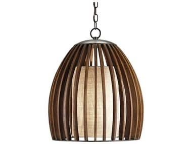 Currey & Company Carling 17" 1-Light Old Iron Polished Fruitwood Bell Pendant CY9099
