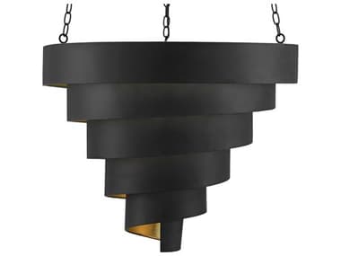 Currey & Company Chiffonade 30" 7-Light Antique Black Contemporary Gold Leaf Tiered Pendant CY90000497
