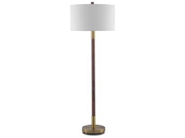 Currey & Company Bravo Mahogany Antique Brass Off White Linen Brown Floor Lamp CY80000081