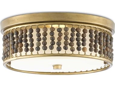Currey & Company Ferber 15" 2-Light Brass Natural Brown Glass LED Drum Flush Mount CY99990047