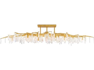 Currey &amp; Company Forest 60&quot; 14-Light Washed Lucerne Gold Natural Crystal Semi Flush Mount CY90000423