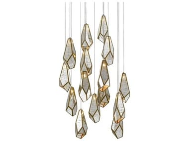 Currey & Company Glace 21" 15-Light Painted Silver Antique Brass Glass Pendant CY90000705