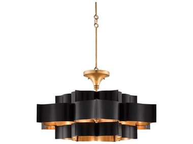 Currey & Company Grand Lotus Satin Black / Contemporary Gold Leaf 6-light 30'' Wide Pendant CY90000429