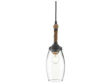 Currey & Company Hightider 4" 1-Light French Black Natural Rope Brown Glass Mini Pendant CY90000650