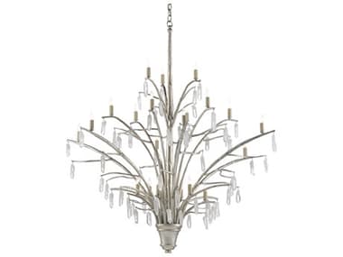 Currey & Company Raux 21-Light Contemporary Silver Leaf Natural Crystal Candelabra Tiered Chandelier CY90000508
