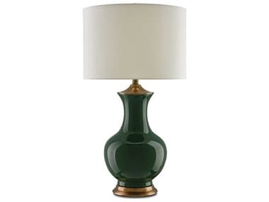 Currey &amp; Company Lilou Green / Antique Brass Edison Bulb 17'' Buffet/Table Lamp with Eggshell Shantung Shade CY60000022