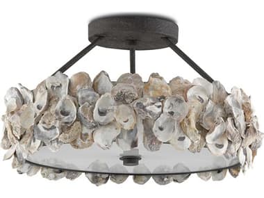 Currey & Company Oyster 19" 3-Light Textured Bronze Natural Geometric Round Semi Flush Mount CY90000265