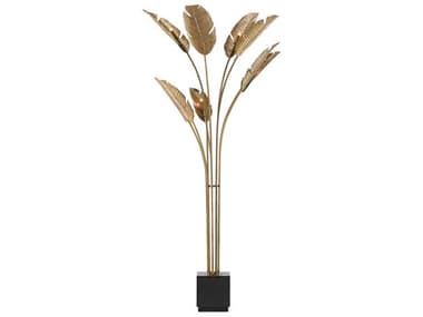 Currey & Company Tropical 87" Tall Vintage Brass Black Floor Lamp CY80000075