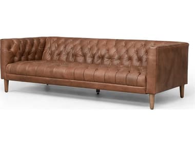 Four Hands Carnegie Natural Washed Chocolate Weathered Oak Brown Leather Loveseat FS105693004
