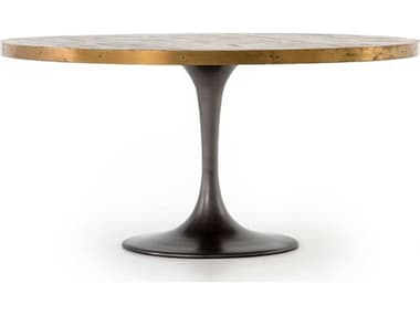 Four Hands Hughes Vessel Grey / Polished Brass Light Burnt Oak 60'' Wide Round Dining Table FSCIMP158