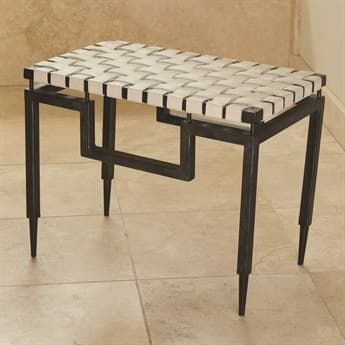 Global Views 24" Black Powder Coat White Leather Upholstered Accent Bench GV991023