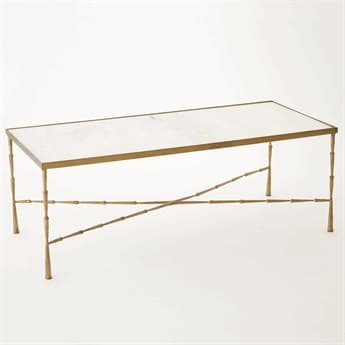 Global Views Spike Antique Brass 50'' x 22'' Rectangular Cocktail Table with White Marble GV790458