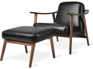 Gus* Modern Baltic Saddle Black Leather / Walnut Chair & Ottoman GUMECCHBALTSADBLAWNSET