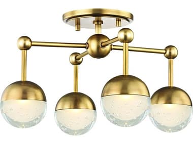 Hudson Valley Boca 15" 4-Light Aged Brass Clear Glass Globe Geometric Semi Flush Mount HV1223FAGB
