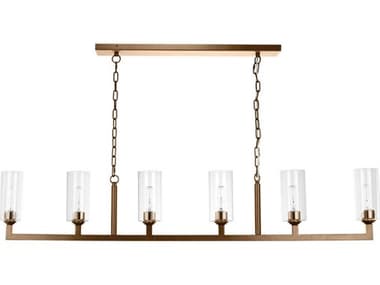 Jamie Young Linear 62" 6-Light Antique Brass Clear Glass Cylinder Island Pendant JYC5LINE6ABCL