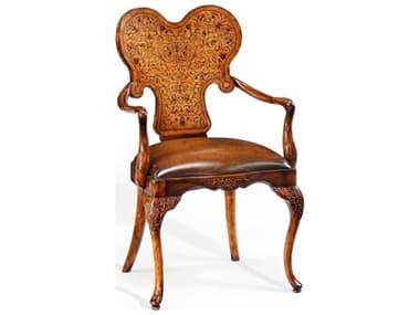 Jonathan Charles La Rochelle Seaweed Marquetry Walnut Wood Brown Leather Arm Dining Chair JC492802ACWALL002
