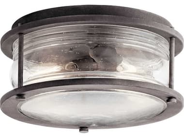 Kichler Ashland Bay 12" 2-Light Weathered Zinc Black Glass Drum Lantern Flush Mount KIC49669WZC