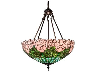 Meyda Tiffany Cabbage Rose 22" 3-Light Mahogany Bronze Glass Bowl Pendant MY231156