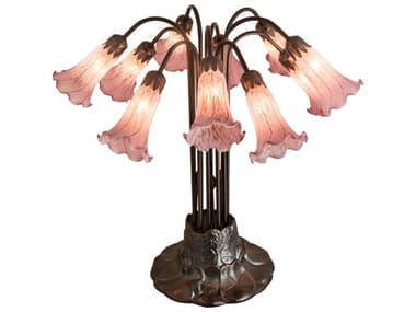 Meyda Pond Lily 10 - Light Glass Tiffany Mahogany Bronze Pink Table Lamp with Cranberry Shade MY14479