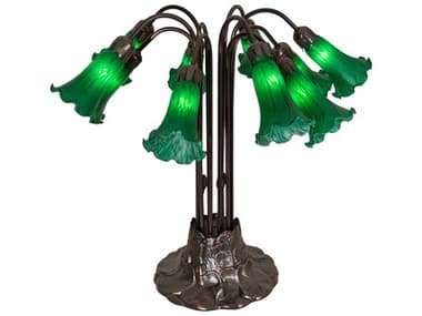 Meyda Pond Lily 10 - Light Mahogany Bronze Tiffany Table Lamp with Green Glass Shade MY14382