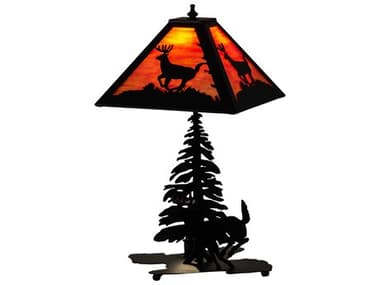 Meyda Lone Deer Rustic Lodge Textured Black Table Lamp with Orange Opal Glass Shade MY228151