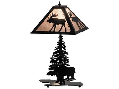 Meyda Lone Moose Rustic Lodge Textured Black Table Lamp with Silver Mica Shade MY228787
