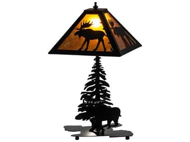 Meyda Lone Moose Rustic Lodge Textured Black Table Lamp with Amber Mica Shade MY228788